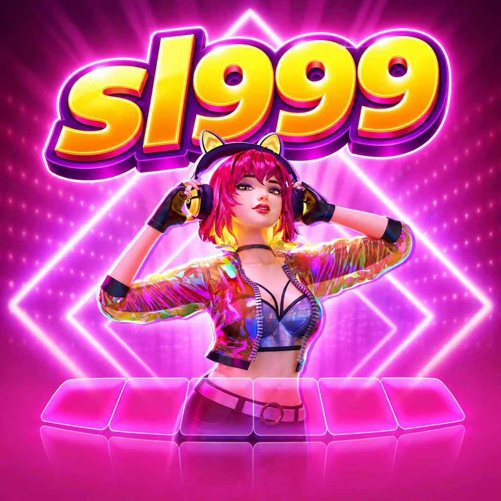 sl999 Rave Party Fever menampilkan karakter DJ wanita berambut merah muda dengan headphone berlatar lampu neon